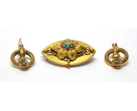 A yellow metal Victorian brooch, of marquise form with floral and beadwork mount, set with turquoise and seed pearls, 4.7 x 2