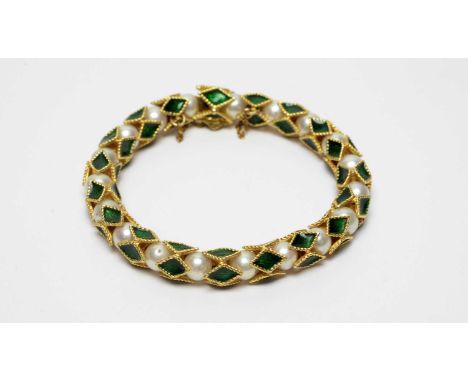 An enamel and cultured pearl bracelet, in yellow metal mount, Egyptian mark to clasp, 19cms long, 36.5g gross. 