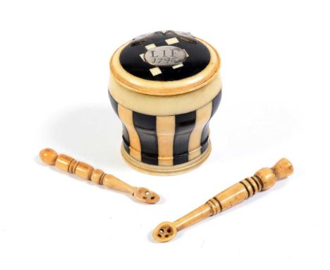 A banded ivory and ebony snuff mull, probably 18th Century, inverted baluster form with sixteen alternating staithes of ebony