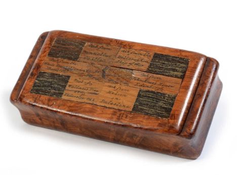 A 19th Century sycamore and specimen oak snuff box, by Charles Stiven &amp; Sons, Laurencekirk, of concave rectangular form, 