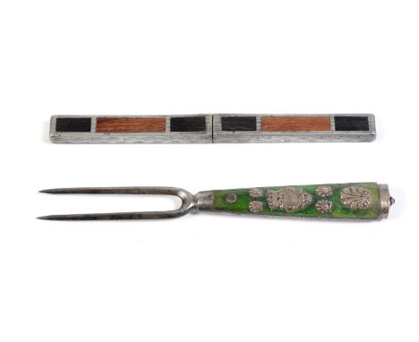 A 19th Century travelling/campaign interlocking knife and fork, the blade marked 'Baxter', the case in steel with wavy design