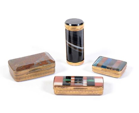 Three 19th Century agate and giltmetal/brass snuff boxes, 4-6cms wide; and another agate box of tubular form, with giltmetal 
