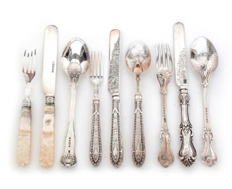 Three knife, fork and spoon christening sets, comprising: one by John Oxley, Sheffield 1849, with carved mother-of-pearl hand
