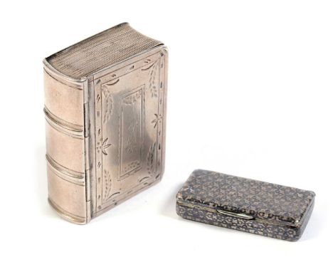 A 19th Century silver book pattern snuff box, possibly Dutch, with engraved leaf decoration, 6.5 x 4.5cms; together with a sm