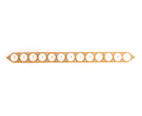 A Victorian pearl and diamond brooch, set with thirteen half pearls parted by pairs of rose-cut diamonds, in fine yellow meta