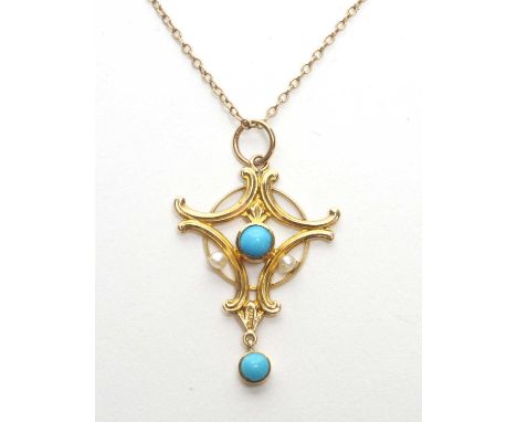 An Edwardian turquoise and seed pearl pendant in 9ct yellow gold mount, Birmingham 1909, 3.7cms high, on yellow metal chain.