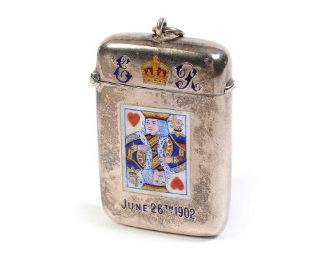 An Edward VII Coronation souvenir silver and enamel vesta case, by John Millward Banks, Chester 1901, the front enamelled wit