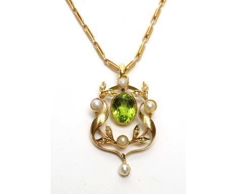 An Edwardian peridot and seed pearl pendant, centred by an oval facet cut peridot surrounded by seed pearls in a scrolling mo