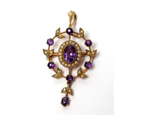 An Edwardian-style amethyst and seed pearl pendant/brooch, centred by an oval facet cut amethyst surrounded by pearl bezel an