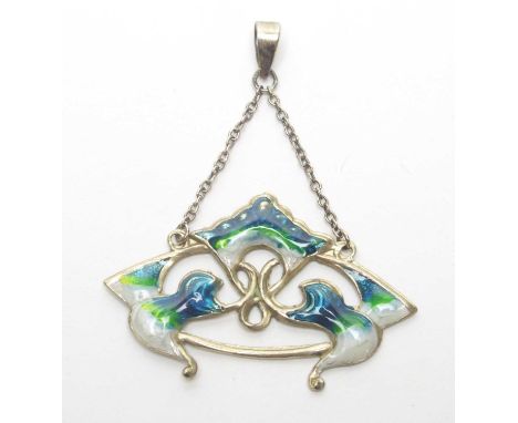 An early 20th Century Murrle Bennett silver and enamel pendant, in Art Nouveau design, stamped '950MB', hanging from a cable 