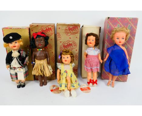 Roddy - Five boxed vintage 12" Roddy dolls. Lot includes a Roddy black girl wearing grass skirt; a Scottish Doll; Walking Dol