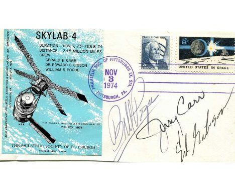 SKYLAB 4: Signed commemorative cover by all three crew members of Skylab 4 (1973) individually, comprising Jerry Carr (Comman