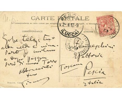 PUCCINI GIACOMO: (1858-1924) Italian composer. A.L.S., `G.Puccini´, to one side of a postcard, Monaco, 1st April 1917, to his