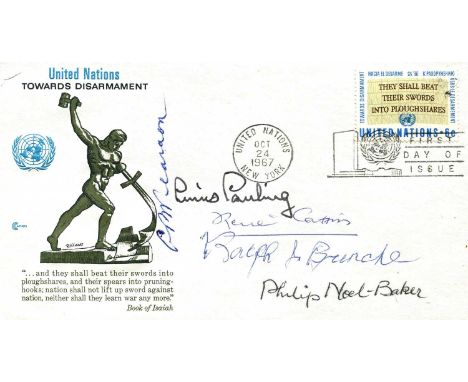 NOBEL PRIZE WINNERS: A good multiple signed First Day of Issue cover commemorating the United Nations and their drive 'toward