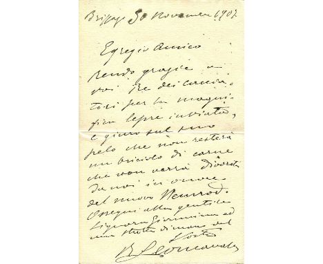 LEONCAVALLO RUGGERO: (1857-1919) Italian composer. A.L.S., R Leoncavallo, one page, 8vo, Brissago, 30th November 1907, to an 
