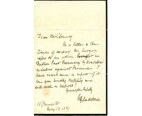 GLADSTONE WILLIAM: (1809-1898) British Prime Minister 1868-74, 1880-85, 1886 and 1892-94. A.L.S., W E Gladstone, one page, 8v