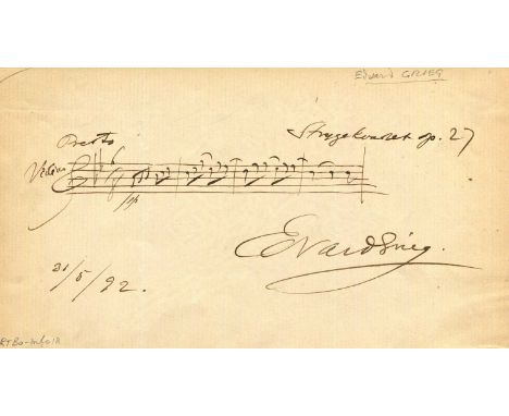 GRIEG EDVARD: (1843-1907) Norwegian composer and pianist. A very fine AM.Q.S., Edvard Grieg, one page, oblong 12mo, 7 x 4, n.