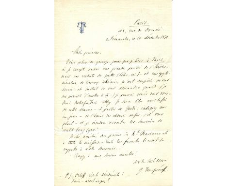 TURGENEV IVAN: (1818-1883) Russian novelist. A fine, charming A.L.S., I. Tourgueneff, one page, 8vo, Rue de Douai, Paris, 10t