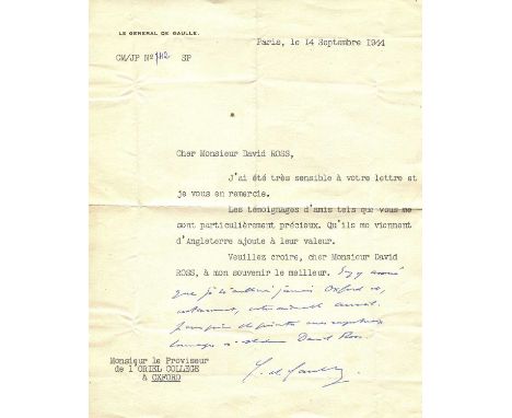 DE GAULLE CHARLES: (1890-1970) French General and statesman who led the Free French Forces during World War II. President of 