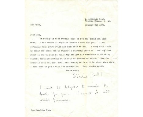SMITH STEVIE: (1902-1971) English poet and novelist. T.L.S., Stevie, one page, 4to, Avondale Road, Palmers Green, London, 8th