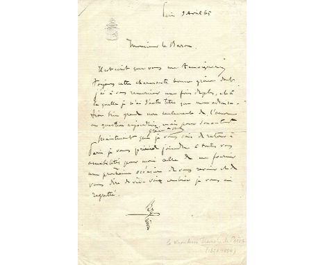 PAIVA LA: (1819-1884) Esther Lachmann. Russian-born French courtesan. A scarce A.L.S., Paiva, one page, 8vo, Paris, 9th April