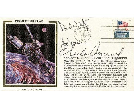 SKYLAB 2: Signed commemorative cover by all three crew members of Skylab 2 (1973) individually, comprising Charles Conrad (Co