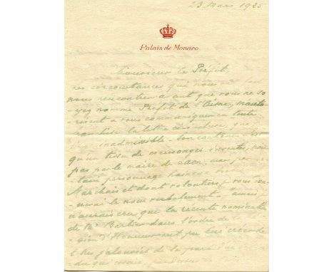 LOUIS II: (1870-1949) Prince of Monaco 1922-49. A very interesting A.L.S., `Louis P[rin]ce de Monaco´, three pages, small 4to
