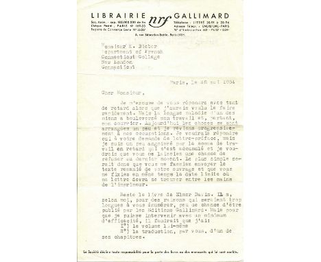 CAMUS ALBERT: (1913-1960) French Author and Philosopher. Nobel Prize winner in Literature, 1957. An excellent signed T.L.S., 