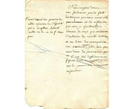 ROUSSEAU JEAN-JACQUES: (1712-1778) French Writer and Philosopher. A good content autograph manuscript, one page, 4to, n.p., n