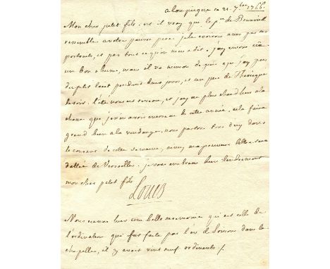 LOUIS XV: (1710-1774) King of France 1715-74. A rare and interesting full manuscript letter in the hand of the King, A.L.S. `