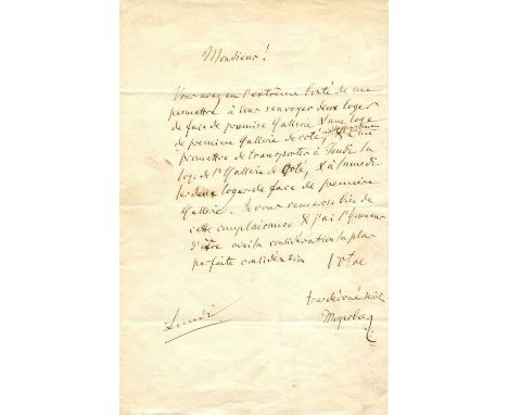MEYERBEER GIACOMO: (1791-1864) German Composer. A very fine A.L.S., `Meyerbeer´, one page, 8vo, n.p., Monday, n.d., in French