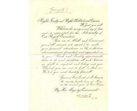 GEORGE V: (1865-1936) King of the United Kingdom 1910-36. A fine D.S., George R. I., as King, at the head, one page, 4to, Cou