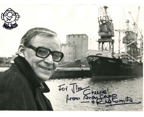 SMYTHE REG: (1917-1998) British cartoonist, creator of Andy Capp. A good signed and inscribed 8 x 6 photograph of Smythe in a