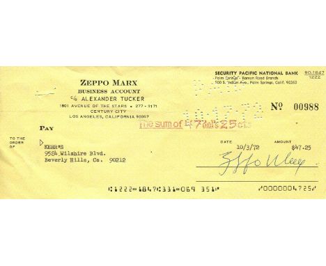 MARX ZEPPO: (1901-1979) American comedy actor, one of the Marx Brothers. D.S., Zeppo Marx, being a signed cheque, Los Angeles