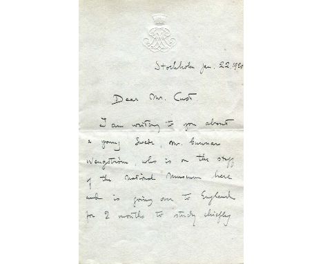 GUSTAV VI ADOLF: (1882-1973) King of Sweden 1950-73. A.L.S., Gustav Adolf, Crown Prince of Sweden, three pages, 8vo, Stockhol