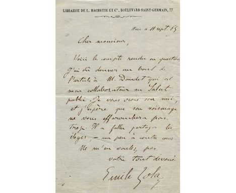 ZOLA EMILE: (1840-1902) French novelist. A.L.S., Emile Zola, one page, 8vo, Boulevard Saint-Germain, Paris, 11th September 18