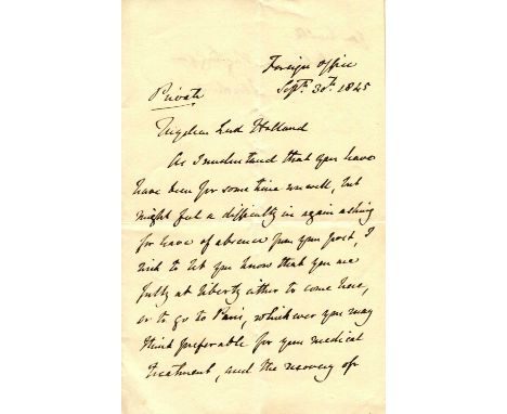 ABERDEEN EARL OF: (1784-1860) British Prime Minister 1852-55. A.L.S., Aberdeen, two pages, 8vo, Foreign Office, 30th Septembe