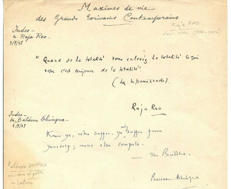 RAO RAJA: (1908-2006) Indian-born American writer of English-language novels and short stories. A.Q.S., Raja Rao, one page, 8