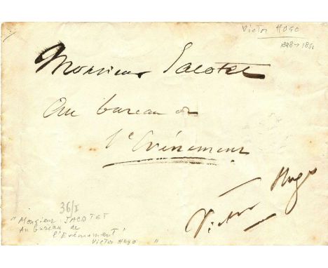 HUGO VICTOR: (1802-1885) French novelist, poet and dramatist. Autograph envelope panel signed (‘Victor Hugo’), addressed in h