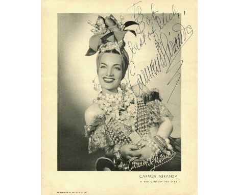MIRANDA CARMEN: (1909-1955) Portuguese-born Brazilian samba singer and actress. Vintage signed and inscribed sepia 8 x 10 pho
