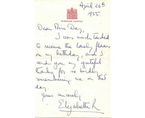 ELIZABETH II: (1926-2022) Queen of the United Kingdom 1952-2022. A.L.S., Elizabeth R, one page, 8vo, Windsor Castle, 26th Apr