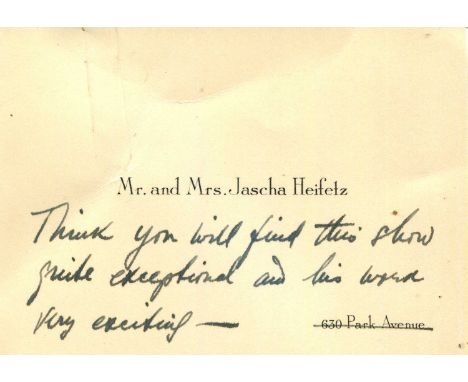 HEIFETZ JASCHA: (1901-1987) Russian-born American violinist. The personal printed oblong 12mo Visiting Card of Heifetz and hi
