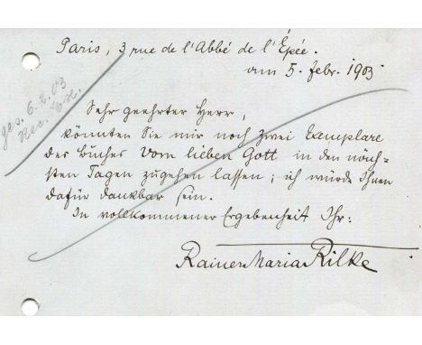 RILKE RAINER MARIA: (1875-1926) Austrian poet and novelist. A.L.S., Rainer Maria Rilke, to one side of a plain correspondence