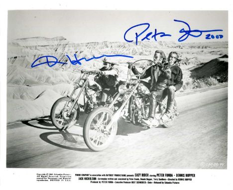 EASY RIDER: A good multiple signed 10 x 8 photograph by American actors Peter Fonda (1940-2019) and Dennis Hopper (1936-2010)