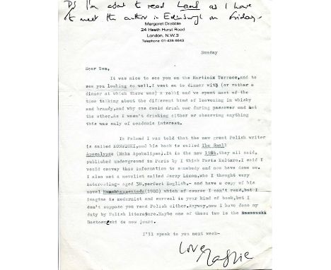 DRABBLE MARGARET: (1939- ) English biographer, novelist and short story writer. Correspondence collection of eight A.Ls.S. an
