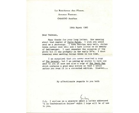 GREENE GRAHAM: (1904-1991) English novelist. A good correspondence collection of six T.Ls.S., Graham (and one signed in full)