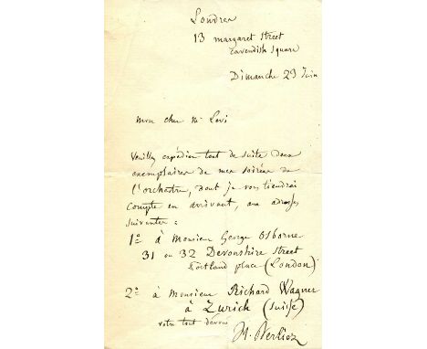 BERLIOZ HECTOR: (1803-1869) French Composer. A good letter with good association, A.L.S., H. Berlioz, one page, 8vo, London, 
