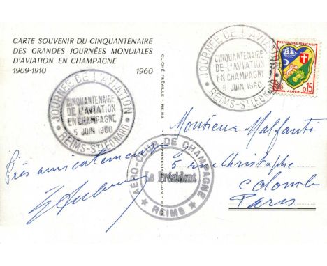 AUBRUN EMILE: (1881-1967) French pioneer aviator. Blue ink signature ('Tres amicalement, E Aubrun') to the verso of a postcar