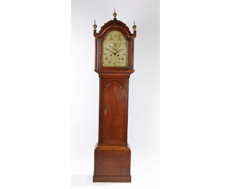 George III oak longcase clock, Thomas Barker, Framlingham, the pediment with three gilt metal finals above the arched glazed 