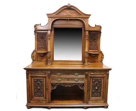 Edwardian birch and simulated walnut mirror back sideboard, Made by Phillips and Jones, Wolverhampton, the concave cornice to